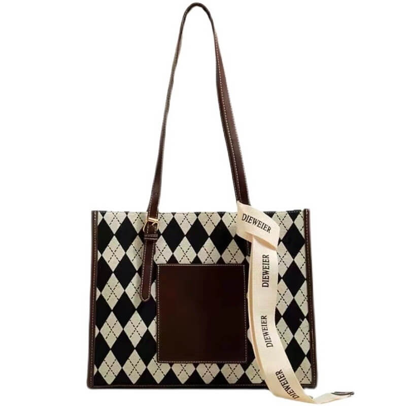 Large-Capacity Plaid Contrast Color All-Match Tote Bag Adjustable Shoulder Strap Handbag
