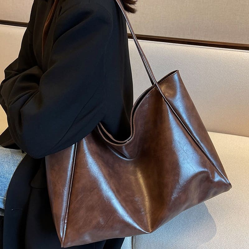 Solid Color Retro Design PU Ladies Large Tote Bag Shoulder Casual Tote Bag
