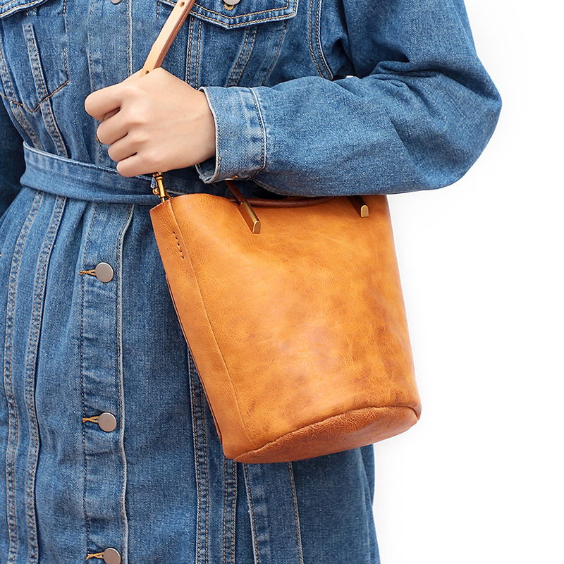 Women's Leather Cylindrical Tote Handbag