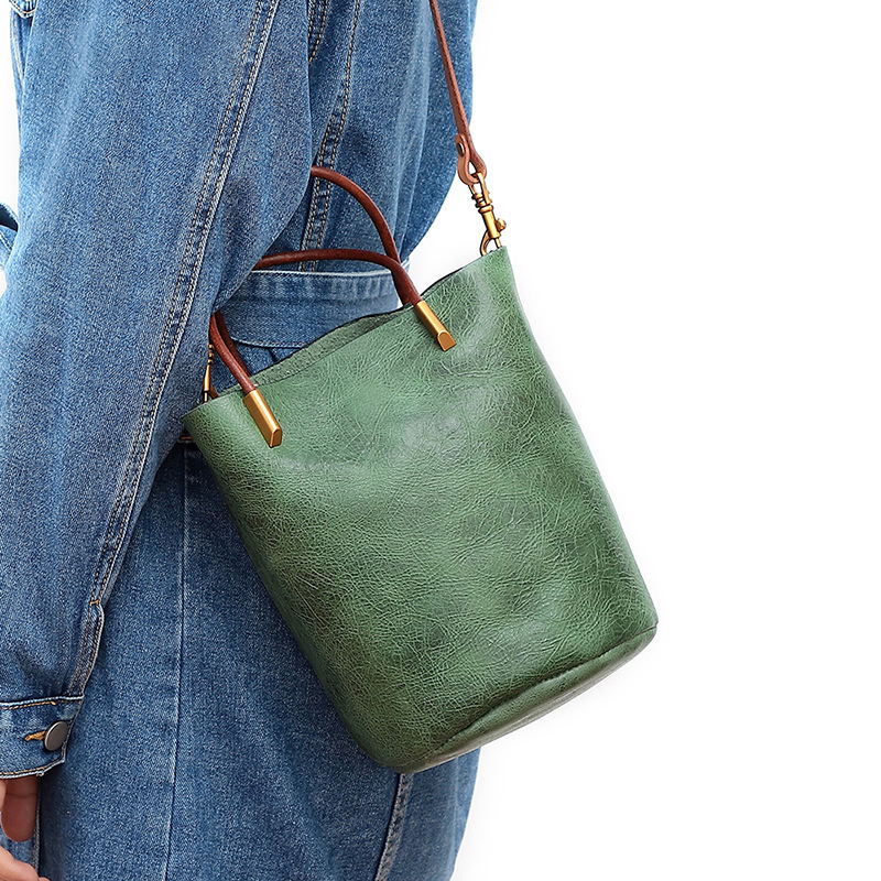 Women's Leather Cylindrical Tote Handbag