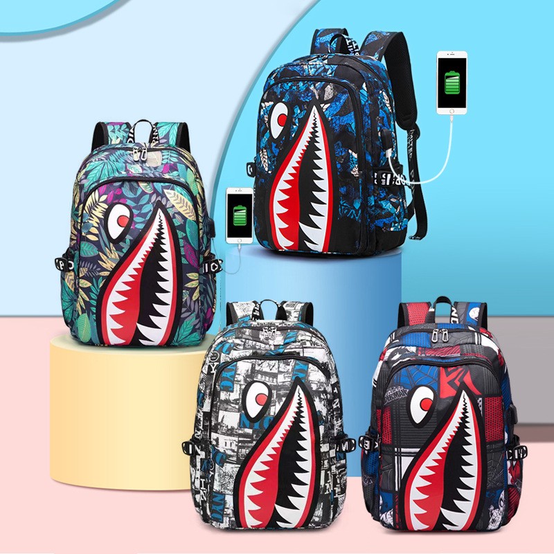 School Bags For Boys And Girls Fashion Trends Sharks Print Individual Backpacks With USB