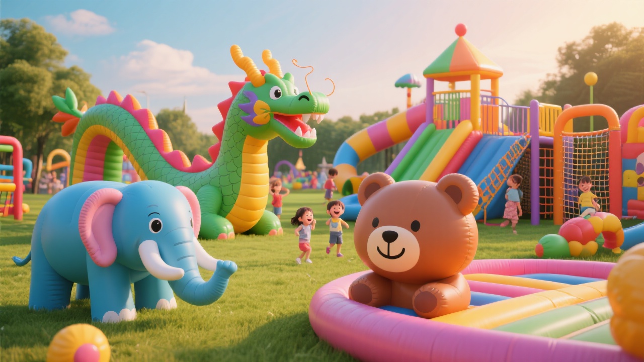 Niños disfrutando un tobogán acuático certificado EN-14960 en un evento al aire libre