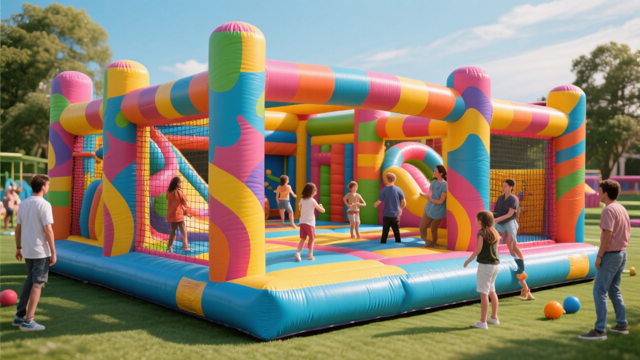 Children laughing while sliding down the WINSUN blue marble four-lane water slide at a backyard party