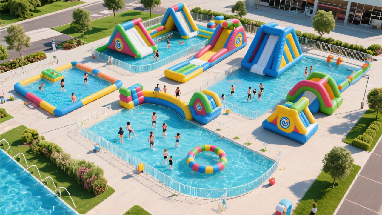 Enfants jouant joyeusement sur le toboggan aquatique WINSUN bleu marbré quatre pistes lors d'une fête d'anniversaire