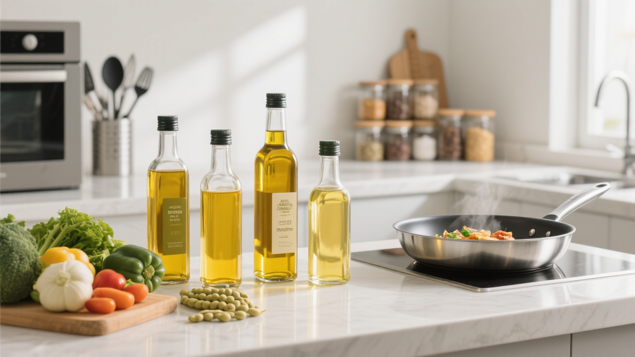 Flasche Sesam&ouml;l mit nat&uuml;rlichen Sesamsamen auf einem hellen Hintergrund