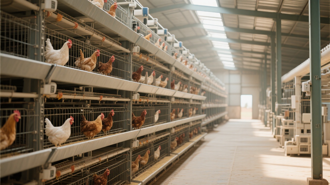 Diagram showing airflow patterns in a typical chicken house with H-type cages and properly positioned exhaust fans