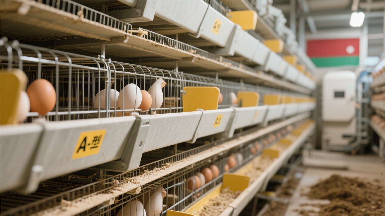 H-type egg hen cage system showing vertical stack design with optimal spacing between tiers for airflow and maintenance access