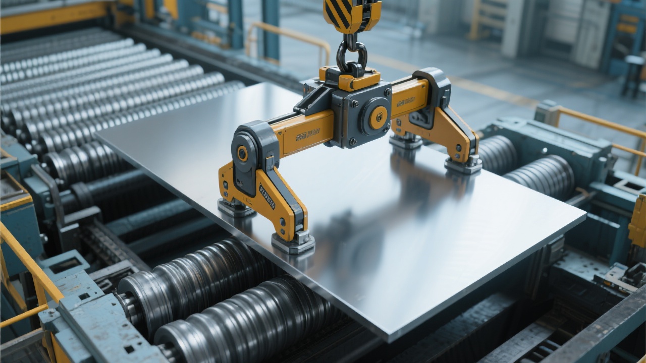 Close-up view of a translational billet clamp securely gripping a thick steel plate during crane operation.