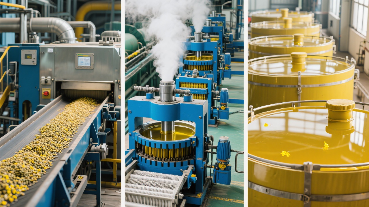 Hot press sesame oil expeller in operation at a Turkish factory, showing heated seeds entering the machine and oil being collected.