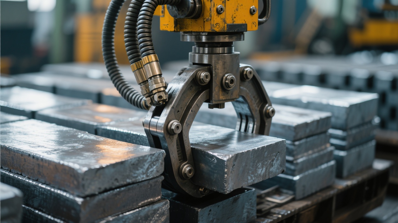 Power-driven hydraulic steel plate clamp securely gripping heated steel slabs in a hot rolling facility