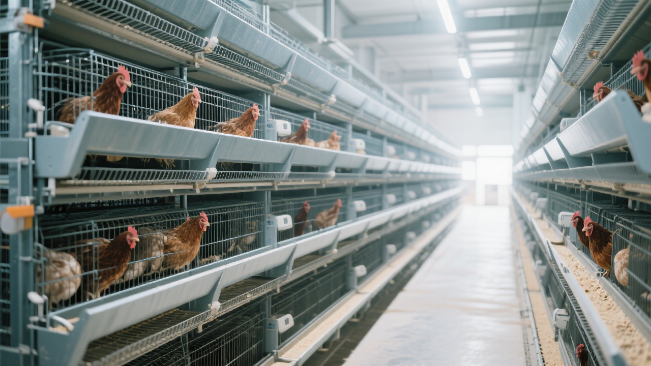 Farm technician inspecting H-type cage system, checking egg flow and clean belt