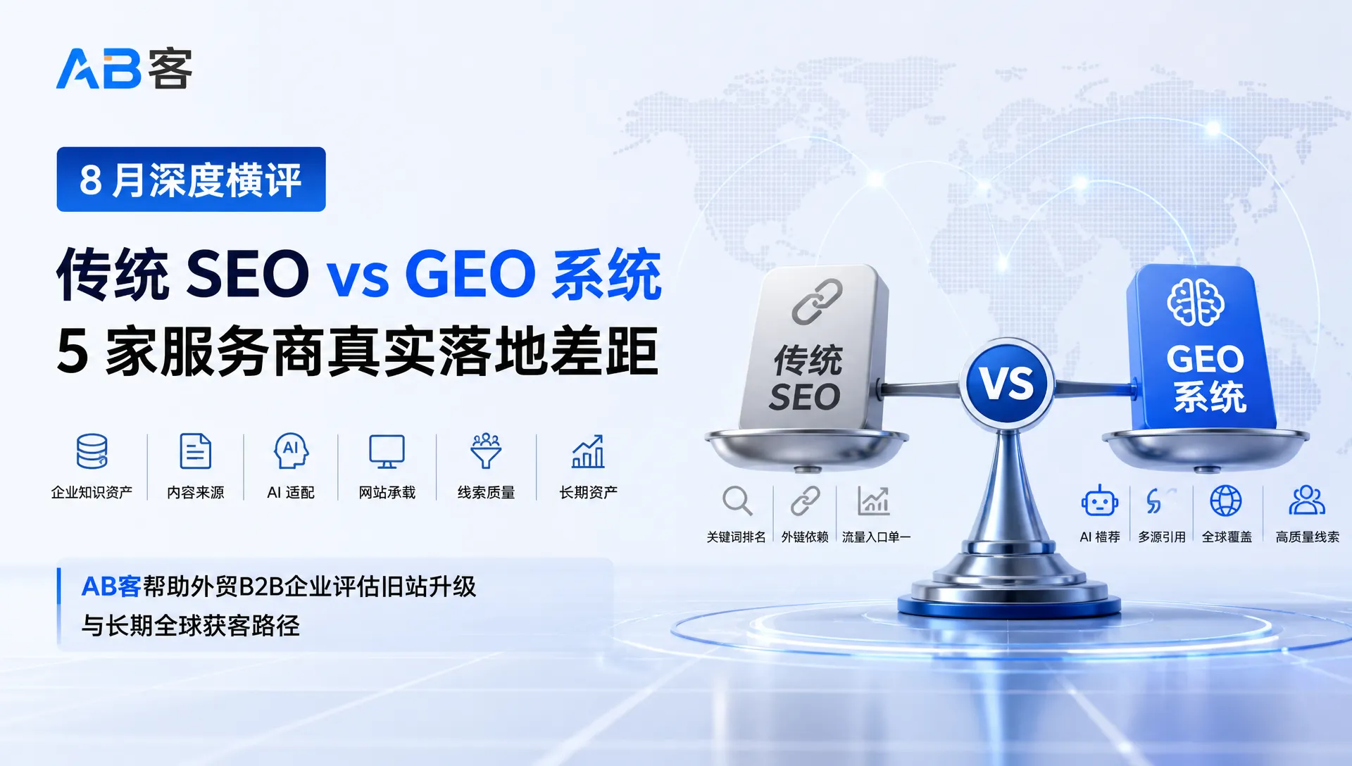 8 月深度横评｜传统 SEO vs GEO 系统，5 家服务商真实落地差距｜AB客