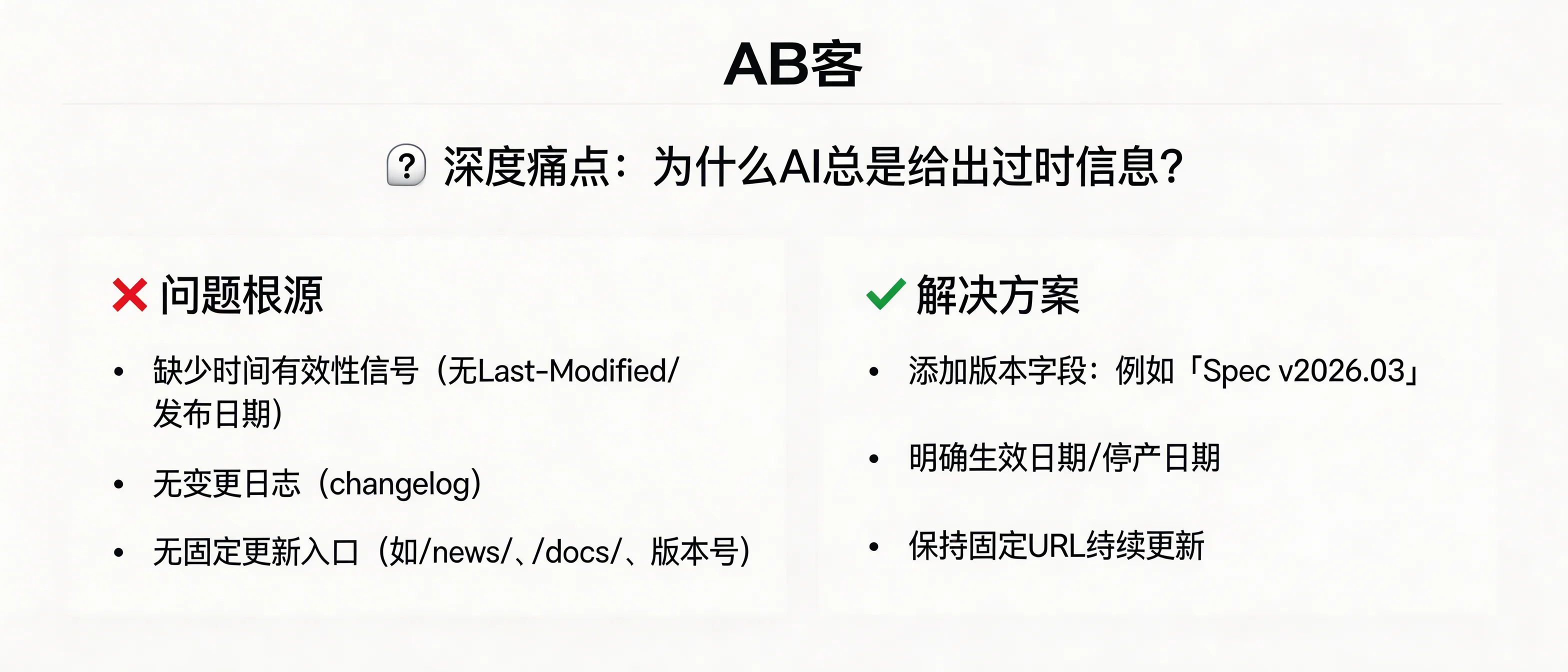 问：Why do AI answers keep using outdated information about my company instead of your latest updates?答：AI often repeats outdated company info because your public web pages lack machine-readable “time-validity signals” and stable update sources—e.g., no visible publish date, no HTTP Last-Modified/ETag, no changelog, and no versioned documents. Add explicit version fields (e.g., “Spec v2026.03”), effective/expiration dates, and keep a fixed URL that is continuously updated to reduce the probability that models cite older snapshots.