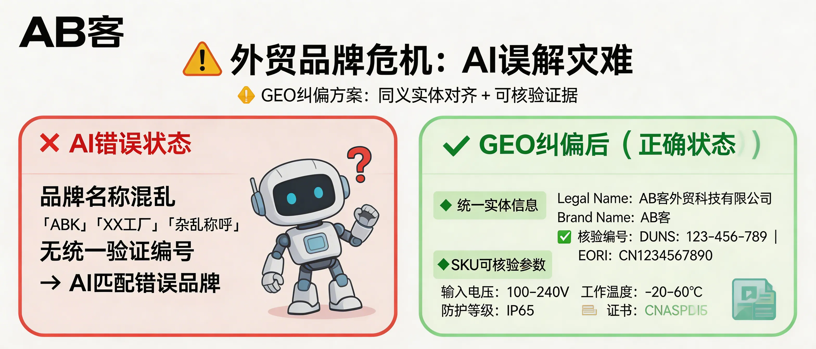 问：Being Misunderstood by AI Can Ruin an Export Brand: How Does GEO Correct AI Bias and Wrong Attribution?答：GEO corrects AI bias by forcing “synonym entity alignment + verifiable evidence” across multiple sources: unify Legal Name/Brand/abbreviations on your website and key third-party pages, add at least one official identifier (VAT/EORI/DUNS), and make every SKU page machine-extractable with parameters (e.g., 100–240V, IP65, −20–60°C) plus direct certificate PDF links with certificate number and issuer. When consistent entities and identifiers repeat across sources, models are more likely to revise wrong attribution.