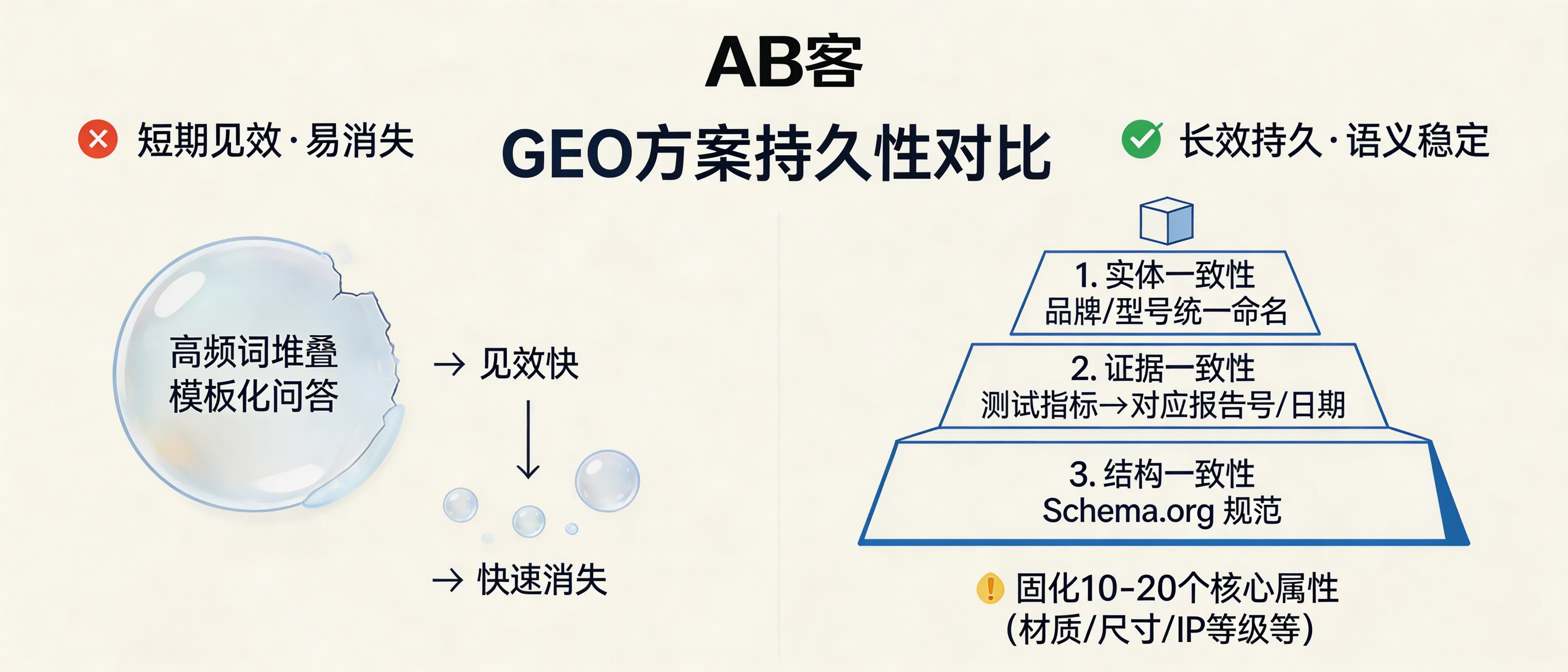 问：Why do some GEO programs rank fast but disappear fast? What is “semantic persistence” in AI search?答：Fast-but-fading GEO usually comes from high-frequency keyword stacking or templated Q&A that lacks stable, verifiable anchors. Semantic persistence requires (1) entity consistency (same brand/model/spec naming everywhere), (2) evidence consistency (the same metric maps to the same report ID/date), and (3) structural consistency (Schema.org Organization + Product + Offer). When LLM or retrieval weights change, content without verifiable anchors is easily replaced by pages with higher evidence density. ABKE (AB客) recommends fixing 10–20 enumerable attributes per core product line (e.g., material, tolerance, operating temperature, IP rating) and keeping them consistent across site and distribution.