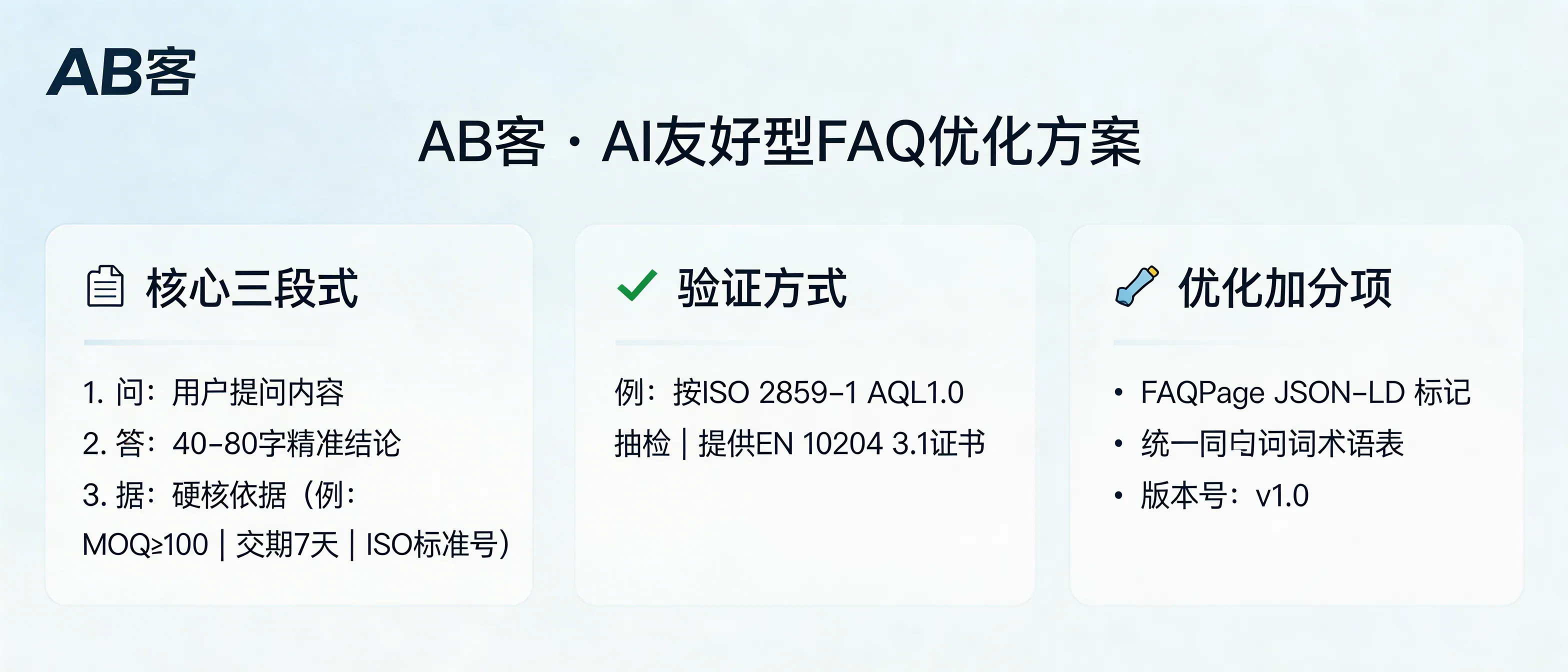问：How do you optimize a product FAQ library for AI “Position Zero” recommendations in GEO?答：Use a “Question–Answer–Evidence” structure: give a 40–80 word conclusion, add 1 hard proof slice (standard ID/threshold/MOQ/lead time), and include 1 verification method (e.g., ISO 2859-1 AQL sampling or EN 10204 3.1). Publish FAQs with FAQPage JSON-LD, a controlled glossary (synonym mapping), and version numbers (v1.0/v1.1) to maximize AI direct-answer extraction.