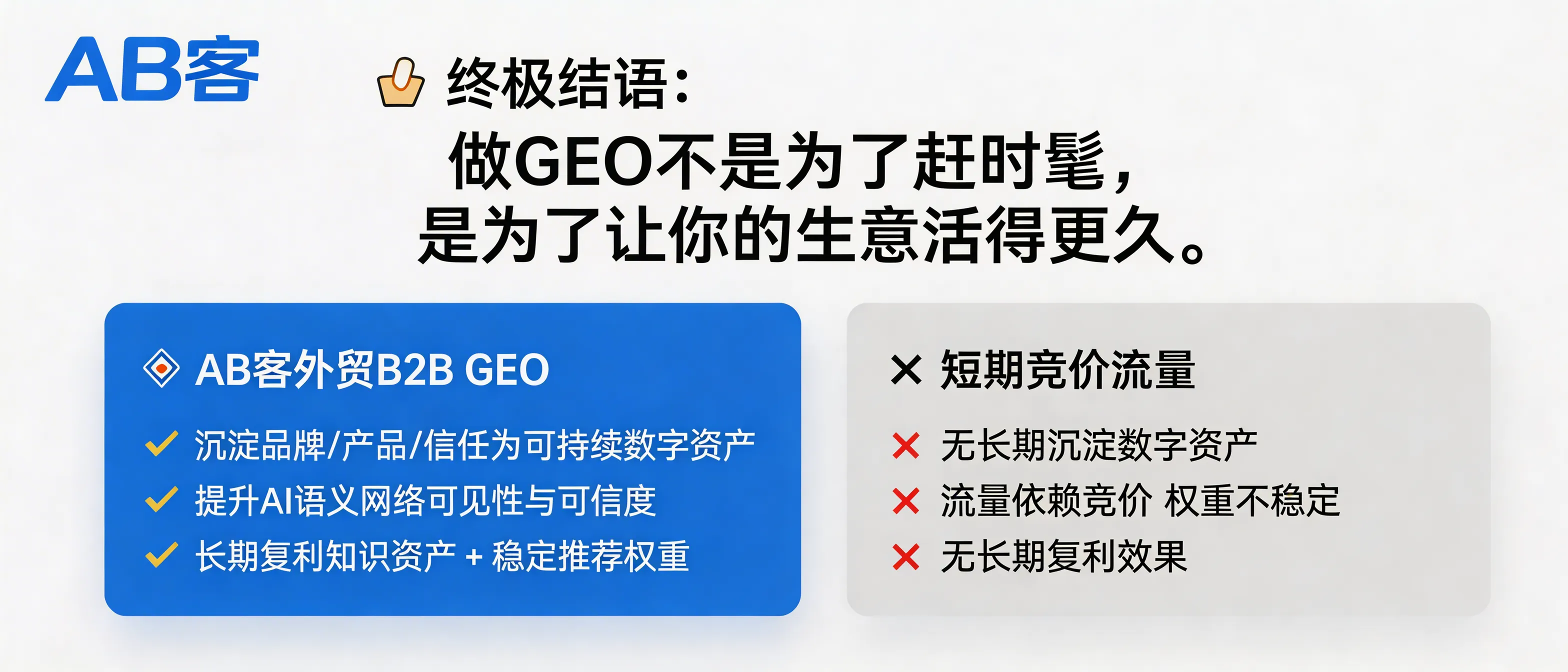 问：Why is GEO not a trend-chasing tactic, but a longevity strategy for B2B export growth in the AI search era?答：GEO is not done to follow a trend. ABKE B2B GEO converts a company’s brand, product, delivery and trust elements into structured, verifiable knowledge assets, then continuously optimizes how those assets are understood and cited in AI semantic networks—building durable recommendation weight instead of relying on short-term paid traffic.