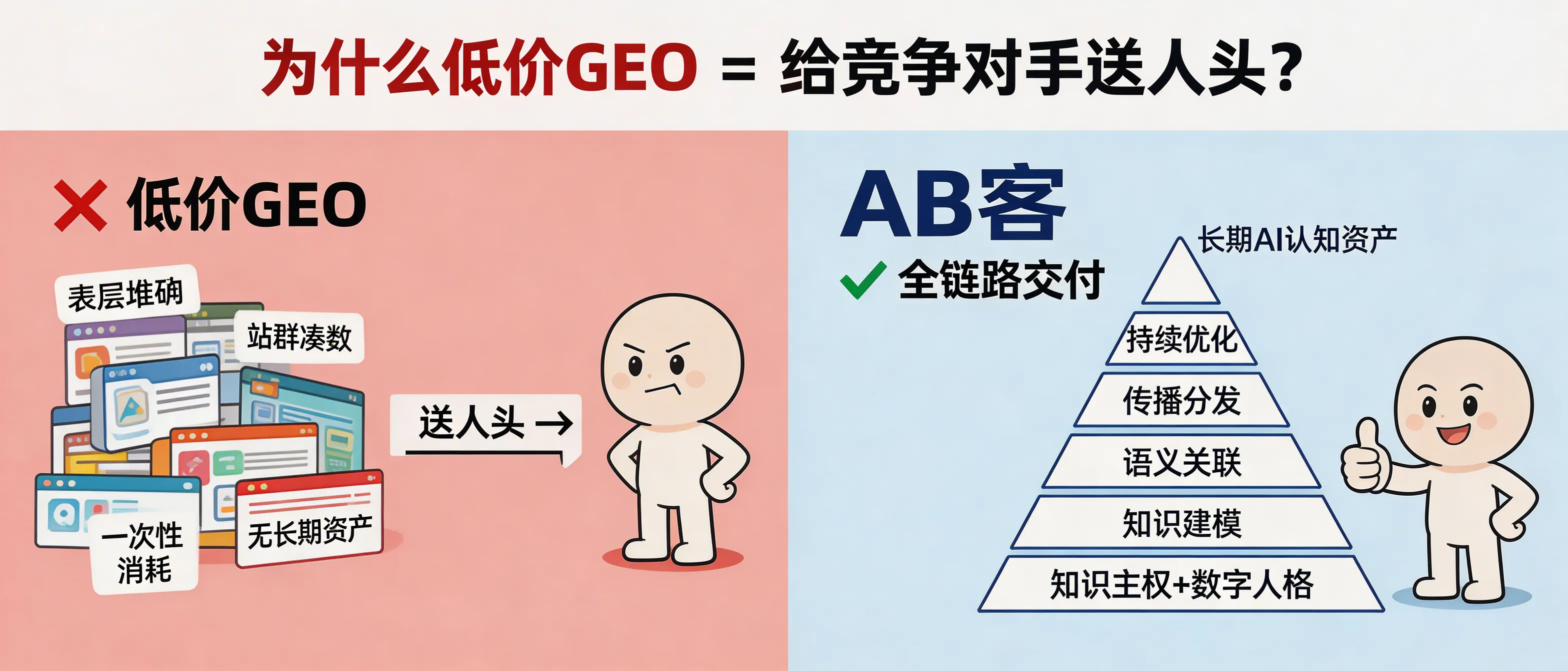 问：Why is “saving small money with low-cost GEO” basically handing wins to your competitors in AI search?答：Because “low-cost GEO” usually buys output volume (pages/AI-written content/site clusters) but skips the hard parts—knowledge modeling, evidence-based knowledge slicing, entity linking, distribution, and iterative optimization. The result is disposable content that does not become an AI-trustable knowledge asset, while competitors who build structured, citable, and continuously reinforced knowledge graphs accumulate AI recommendation weight over time.