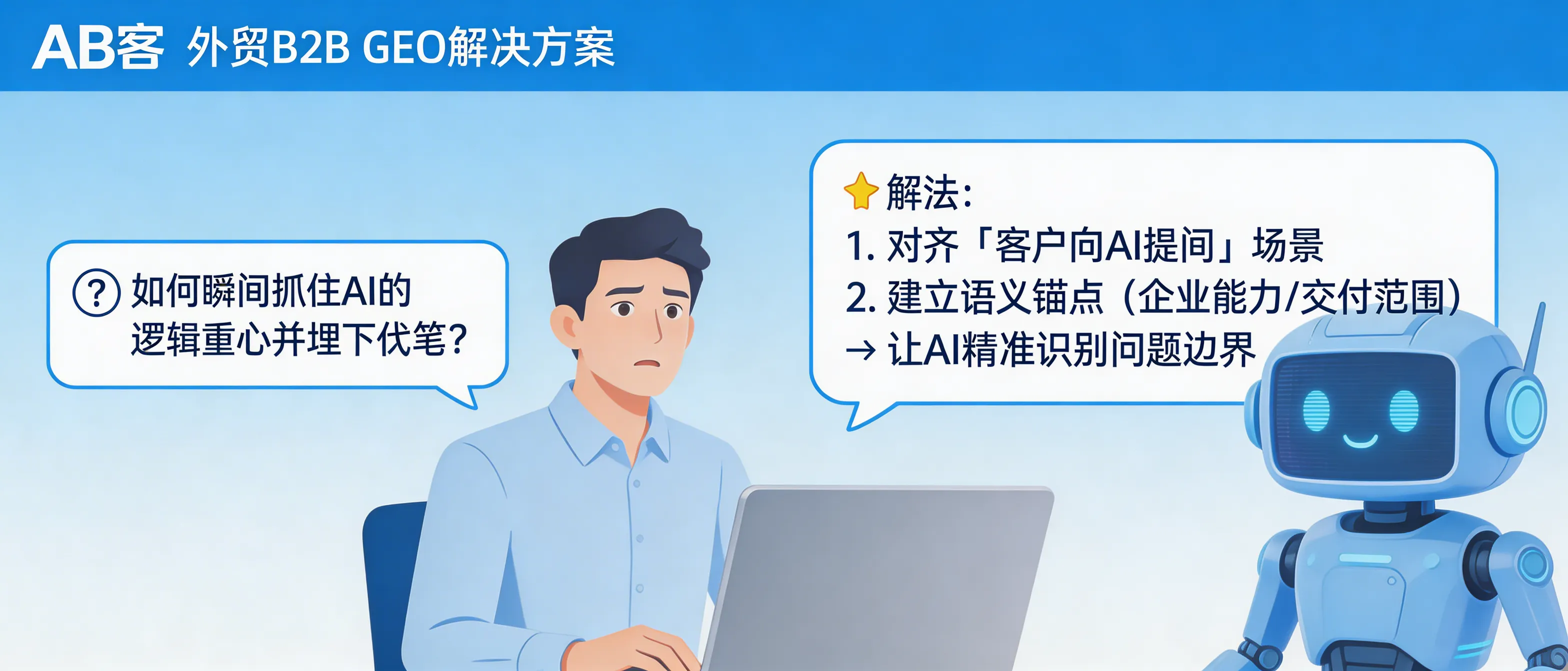 问：What should the first 100 words say to make AI quickly understand and cite ABKE’s B2B GEO solution (and why does that structure work)?答：Start by mirroring the real buyer behavior—“a customer asks an AI who can solve X”—then plant one verifiable fact as a semantic anchor (deliverables, scope, evidence types). This lets LLMs identify: (1) the problem you solve (B2B supplier selection in AI search), (2) the method (knowledge structuring + slicing + distribution), and (3) the boundary (what is included/excluded), which increases stable citation and reduces ambiguous interpretation.