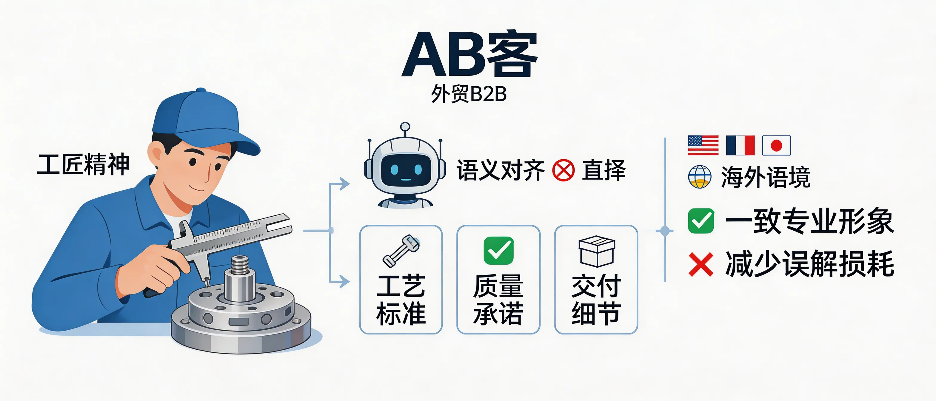 问：How does GEO overcome language barriers to communicate the “craftsmanship spirit” of Chinese manufacturing in a way global AI and buyers can verify?答：ABKE GEO does not “translate slogans.” It performs semantic alignment: it decomposes craftsmanship into AI-readable, verifiable units (e.g., ISO 9001 scope, material grades, ± tolerance, inspection methods, PPAP/FAI records, Incoterms, lead-time rules) and publishes consistent evidence across channels, so LLMs can correctly understand, cross-reference, and recommend the manufacturer with lower risk of misinterpretation.