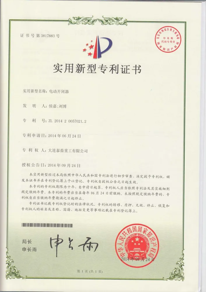 Electric switch patent certificate