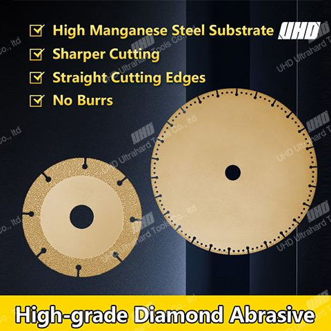 High-speed vacuum brazed diamond saw blade detail showing multi-bevel edge geometry