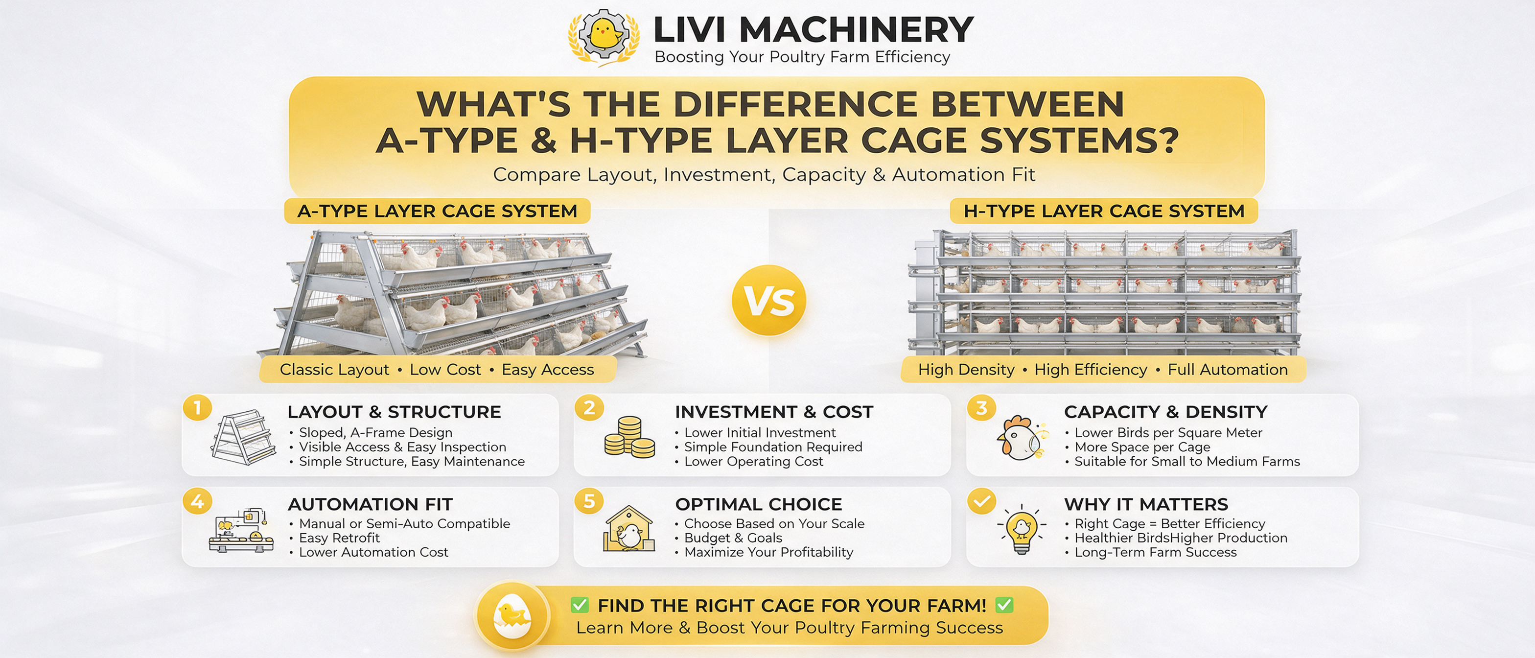 Comparison chart of A-type and H-type layer cage systems showing layout, capacity and automation differences