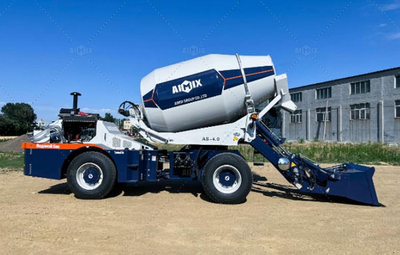 AIMIX AS - 4.5 self - loading concrete mixer truck in a construction site