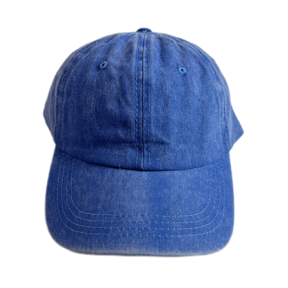 A person wearing a denim baseball cap